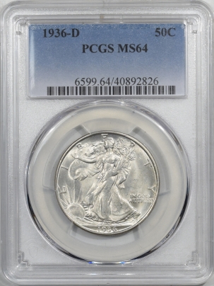 New Certified Coins 1936-D WALKING LIBERTY HALF DOLLAR – PCGS MS-64, BLAST WHITE!