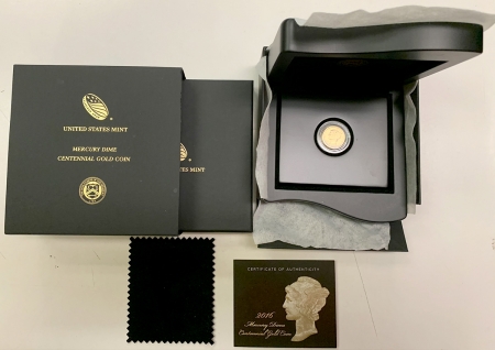Bullion 2016-W MERCURY DIME CENTENNIAL 1/10 OZ GOLD COIN, .9999 UNCIRCULTED W/ BOX & COA