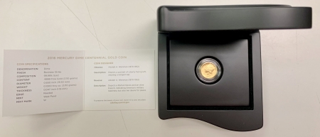 Bullion 2016-W MERCURY DIME CENTENNIAL 1/10 OZ GOLD COIN, .9999 UNCIRCULTED W/ BOX & COA