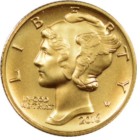 Bullion 2016-W MERCURY DIME CENTENNIAL 1/10 OZ GOLD COIN, .9999 UNCIRCULTED W/ BOX & COA