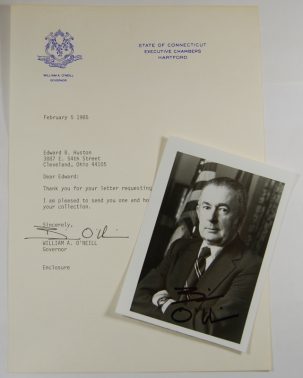 Documents & Autographs 1985 CONNECTICUT GOVENOR WILLIAM A O’NEILL AUTOGRAPHED 3X5 PHOTO W/ LETTERHEAD