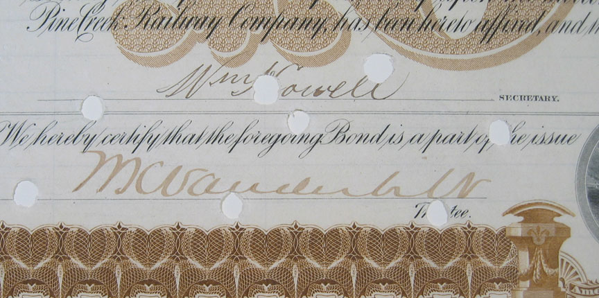 Documents & Autographs 1885 PINE CREEK RAILWAY BOND CERT W VANDERBILT-CHAUNCEY DEPEW SIGNED EXC/NR MINT