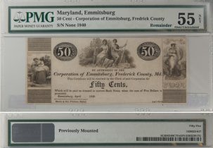 U.S. Currency 1840 50 CENTS CORPORATION OF EMMITSBURG, FREDERICK COUNTY, MD PMG NET AU-55
