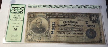 Large National Currency 1902 $10 PB NATIONAL BANK NOTE – CH #5831 CNB WESTERNPORT MD: FR-633 PCGS VG-10