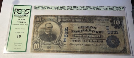 U.S. Currency 1902 $10 PB NATIONAL BANK NOTE – CH #5831 CNB WESTERNPORT MD: FR-633 PCGS VG-10