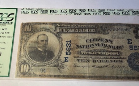 Large National Currency 1902 $10 PB NATIONAL BANK NOTE – CH #5831 CNB WESTERNPORT MD: FR-633 PCGS VG-10