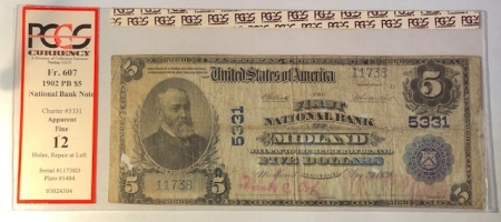 Large National Currency 1902 $5 PB NATIONAL BANK NOTE – CH #5331 FNB MIDLAND MD: FR-607 PCGS APP F-12