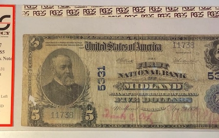 Large National Currency 1902 $5 PB NATIONAL BANK NOTE – CH #5331 FNB MIDLAND MD: FR-607 PCGS APP F-12