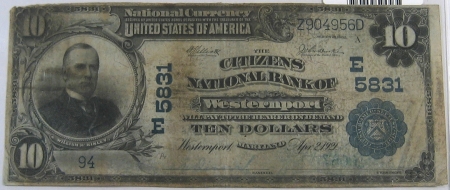 Large National Currency 1902 $10 PB NATIONAL BANK NOTE – CH #5831 CNB WESTERNPORT MD: FR-633 PCGS VG-10