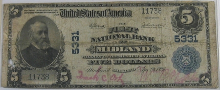 U.S. Currency 1902 $5 PB NATIONAL BANK NOTE – CH #5331 FNB MIDLAND MD: FR-607 PCGS APP F-12