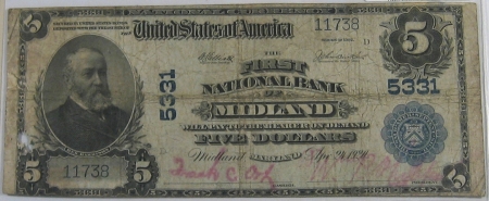 Large National Currency 1902 $5 PB NATIONAL BANK NOTE – CH #5331 FNB MIDLAND MD: FR-607 PCGS APP F-12
