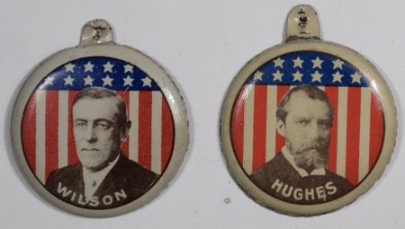 Political 1916 WILSON HUGHES LITHO TABS 1 3/8″ FULL COLOR – NEAR MINT & RARE PAIR! LOT OF 2