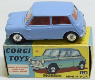 Vintage Diecast Toys CORGI #226 MORRIS MINI MINOR, LIGHT BLUE W/ RED INTERIOR, SPUN HUBS, NR-MINT/BOX