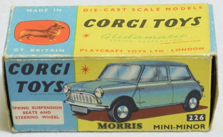 Corgi CORGI #226 MORRIS MINI MINOR, LIGHT BLUE W/ RED INTERIOR, SPUN HUBS, NR-MINT/BOX