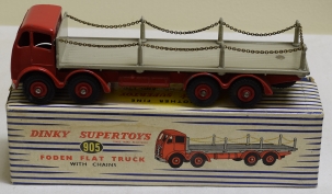 Vintage Diecast Toys DINKY #905 FODEN FLAT TRUCK WITH CHAINS, RED W/ FAWN BED, EXC MODEL W/ EXC BOX!