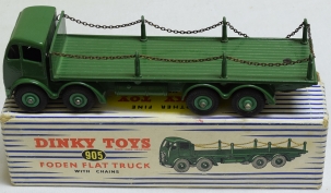 Vintage Diecast Toys DINKY #905 FODEN FLAT TRUCK W/ CHAINS, GREEN, NEAR-MINT W/ EXC BLUE STRIPED BOX