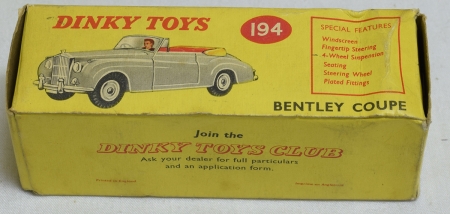 Dinky DINKY #194 BENTLEY S COUPE, METALLIC BRONZE, NEAR-MINT W/ VG BOX; RARE COLOR!