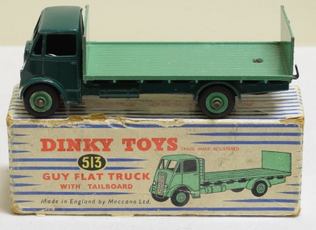 Dinky DINKY #513 GUY FLAT TRUCK W/ TAILBOARD, DK GREEN/MID-GREEN-VG/EXC, FAIR/GOOD BOX