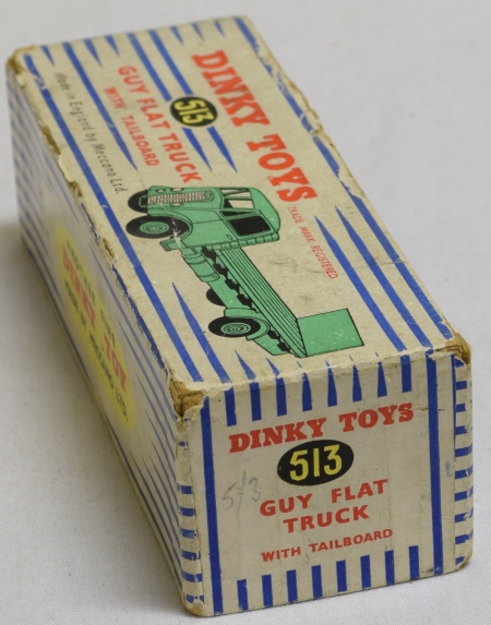 Dinky DINKY #513 GUY FLAT TRUCK W/ TAILBOARD, DK GREEN/MID-GREEN-VG/EXC, FAIR/GOOD BOX