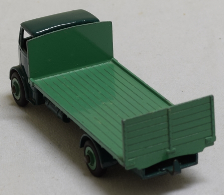 Dinky DINKY #513 GUY FLAT TRUCK W/ TAILBOARD, DK GREEN/MID-GREEN-VG/EXC, FAIR/GOOD BOX