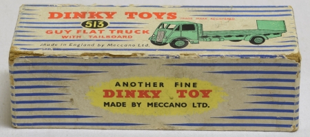 Dinky DINKY #513 GUY FLAT TRUCK W/ TAILBOARD, DK GREEN/MID-GREEN-VG/EXC, FAIR/GOOD BOX