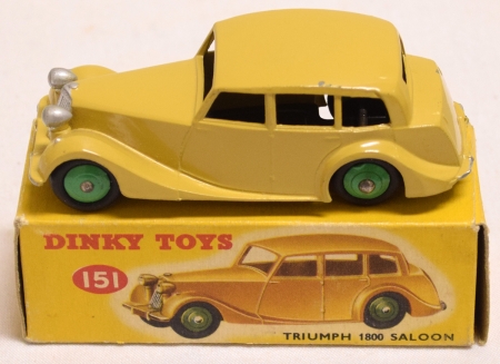 Dinky DINKY #151 TRIUMPH 1800 SALOON, FAWN BODY, GREEN HUBS, NEAR-MINT MODEL/ORIG BOX!