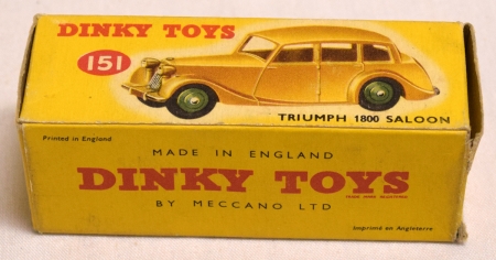 Dinky DINKY #151 TRIUMPH 1800 SALOON, FAWN BODY, GREEN HUBS, NEAR-MINT MODEL/ORIG BOX!