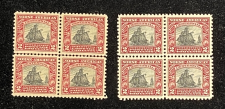 Postage SCOTT #620 2c NORSE AMERICAN, CARMINE/BLACK, 2 BLOCKS OF 4, MOG NH, VF+, CAT $48