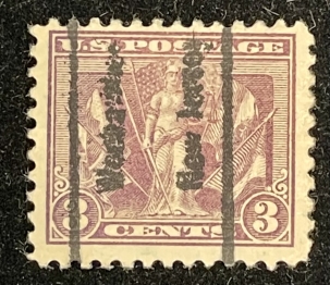 Postage SCOTT #537b, 3c LIGHT REDDISH VIOLET, WEEHAWKEN, NJ PRECANCEL, USED, F+, CAT $50