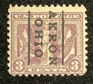 Postage SCOTT #537b, 3c LIGHT REDDISH VIOLET, AKRON, OHIO PRECANCEL, USED, F, CAT $50