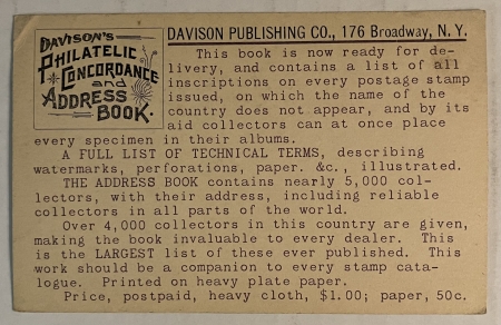 U.S. Stamps SCOTT #UX-12, EARLY (1895?) DAVISON’S” PHILATELIC-THEMED U.S. POSTAL CARD-USED