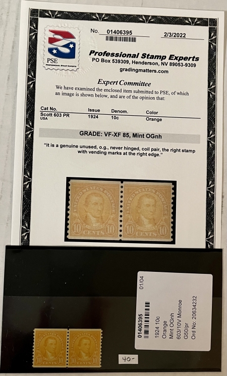 Postage SCOTT #603 PR 1924 10c ORANGE, VF-XF 85, MINT OGNH, SMQ=$40