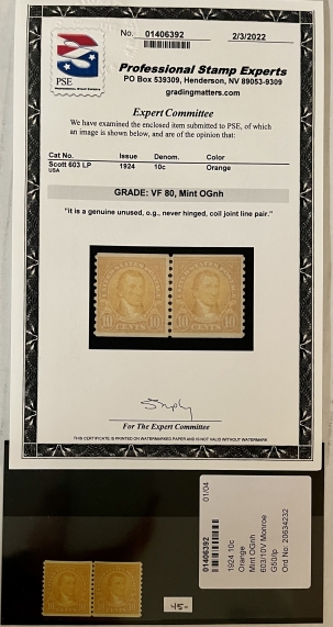 Postage SCOTT #603 LINE PAIR 1924 10c ORANGE, VF 80, MINT OGNH, SMQ=$45