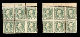 Postage SCOTT #498 PLATE BLOCKS (2), 1c GREEN, MOGNH, PO FRESH & F/VF, CAT $70