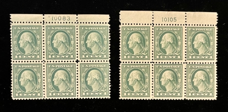 Postage SCOTT #498 PLATE BLOCKS (2), 1c GREEN, MOGNH, PO FRESH & F/VF, CAT $70