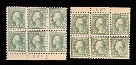 Postage SCOTT #498 PLATE BLOCKS (2), 1c GREEN, MOGNH, PO FRESH & F/VF, CAT $70