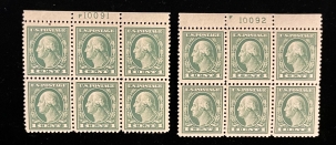 Postage SCOTT #498 PLATE BLOCKS (2), 1c GREEN, MOGNH, PO FRESH & VF+, CAT $70