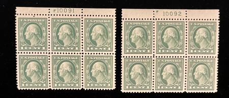 Postage SCOTT #498 PLATE BLOCKS (2), 1c GREEN, MOGNH, PO FRESH & VF+, CAT $70