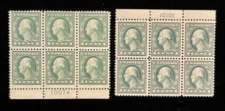 Postage SCOTT #498 PLATE BLOCKS (2), 1c GREEN, MOGNH, PO FRESH & VF+, CAT $70.