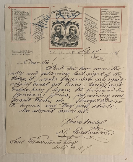 Pre-1920 BLAINE-LOGAN REPUBLICAN HEADQUARTERS LETTERHEAD W/ HANDWRITTEN ACCOUNT OF RALLY