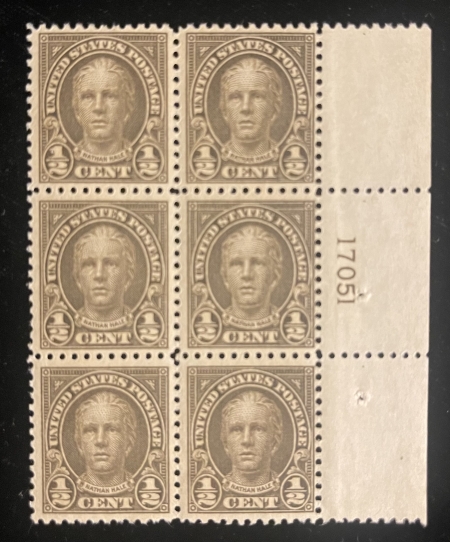 Postage SCOTT #551 1/2c OLIVE-BROWN PLATE BLOCK OF 6, MOG-NH, FRESH-CAT $25