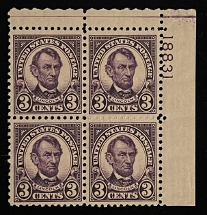 Postage SCOTT #635 3c VIOLET PLATE BLOCK, MOG-NH (BOTTOM RIGHT STAMP LOOKS GEM!)