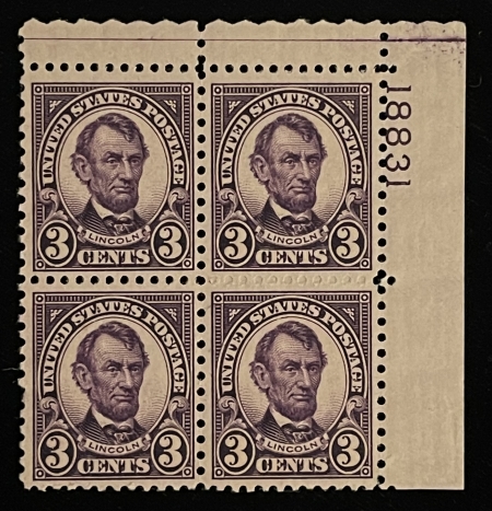 Postage SCOTT #635 3c VIOLET PLATE BLOCK, MOG-NH (BOTTOM RIGHT STAMP LOOKS GEM!)-CAT $35