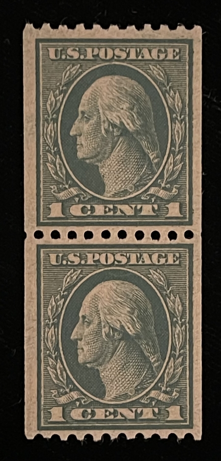 Postage SCOTT #448, 1c GREEN, PERF 10 HORIZ PAIR, MOG-NH, VF & PO FRESH, CATALOG $47.50