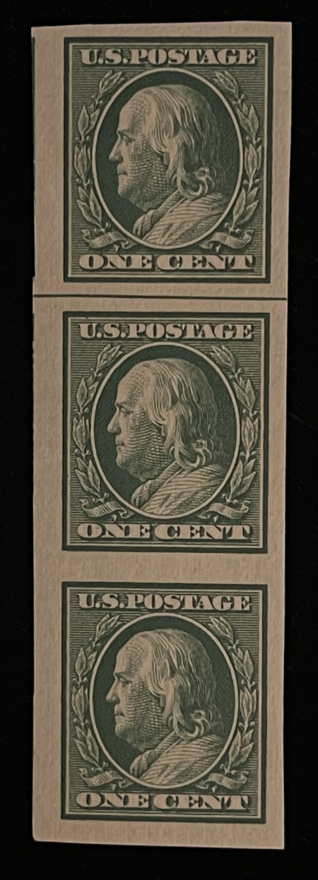 Postage SCOTT #383, 1c GREEN IMPERF, STRIP OF 3 W/ LINE PAIR, MOG-NH & SUPERB, PO FRESH!