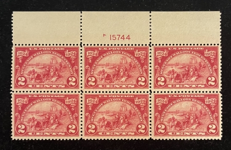 Postage SCOTT #615 2c CARMINE HUGUENOT PLATE BLOCK OF 6, MOG-NH, VF+ & PO FRESH, CAT $85