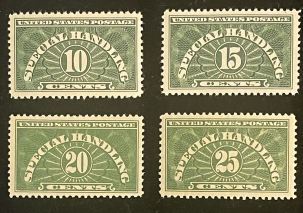 U.S. Stamps SCOTT QE1-QE4, 10c-25c YELLOW-GREEN SPECIAL HANDLING STAMPS (4), MOG-NH, SUPERB!