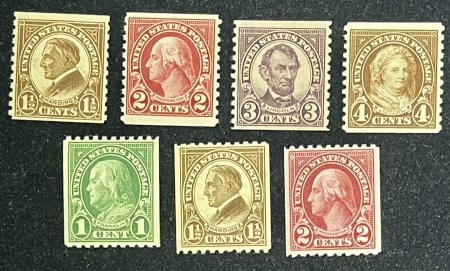 Postage SCOTT #598-601,604-606 (7), 1922 HORZ/VERT DEFINITIVE COILS, MOG-NH, VF-CAT $23