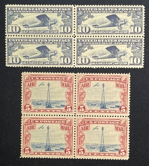 Air Post Stamps SCOTT #C-10/C-11, 10c BLUE & 5c RED/BLUE AIRMAIL, BLOCKS OF 4, MOGNH-VF CAT $90