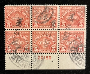 U.S. Stamps SCOTT #J-78b PLATE BLOCK, $5 POSTAGE DUE, USED, EXCESSIVELY RARE; SCOTT-UNPRICED